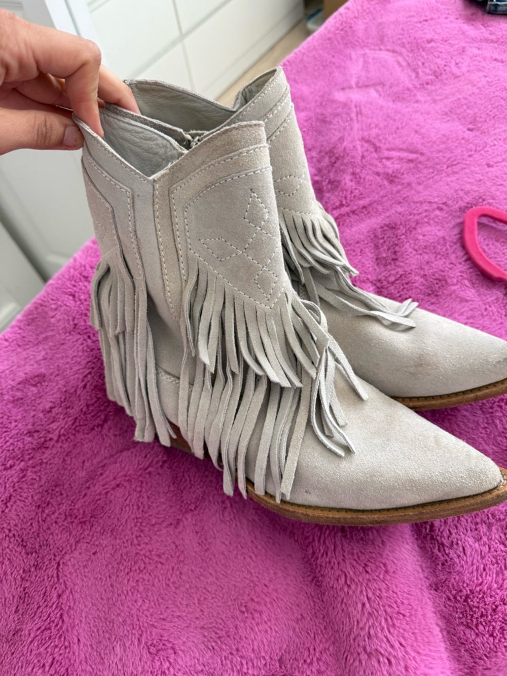 Free People Light Gray Suede Fringe Ankle Boots